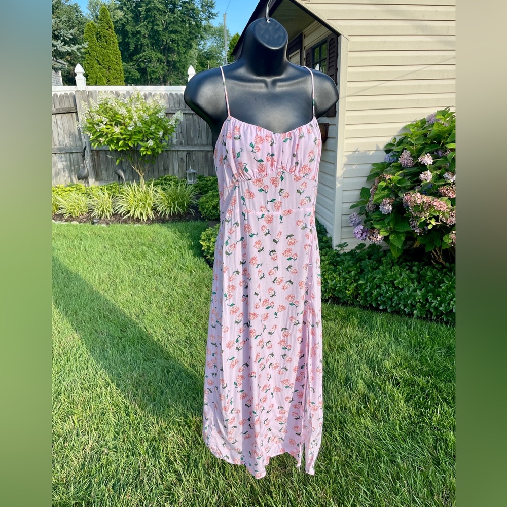 Zara‎ Womens Coquette Floral Babydoll Midi Dress Size XL Milkmaid Pink Slit